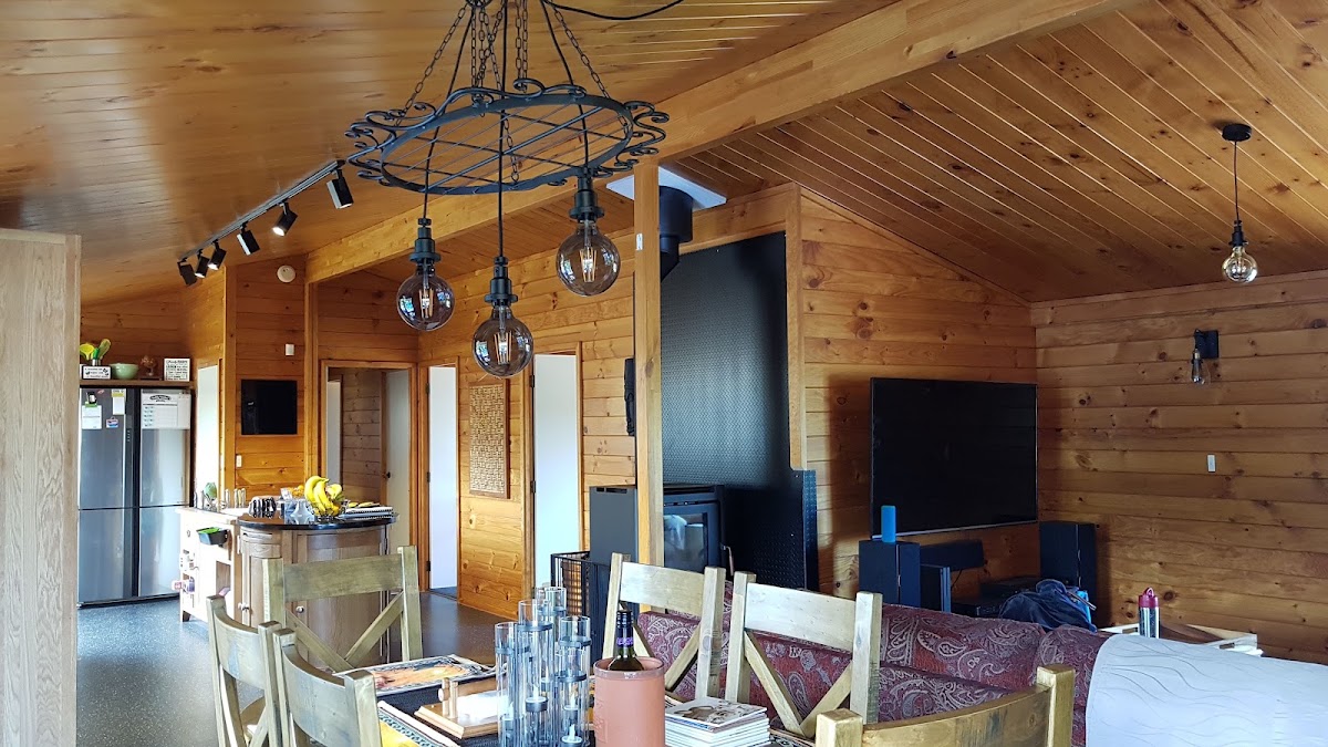 Feature chandelier and track lighting installed in a timber lodge